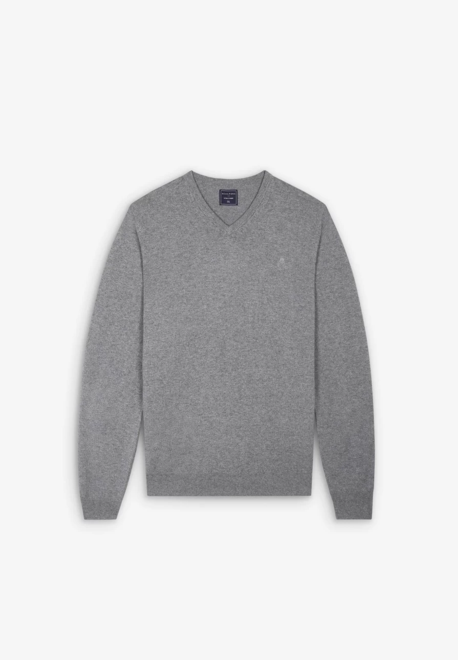 "ScalpersCompany Grey Skull Print V-Neck Sweater for Men"