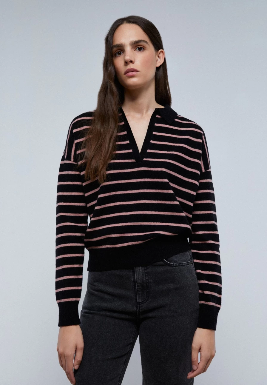 "ScalpersCompany Women's Black Stripes Two-Tone Stripe Polo Sweater"