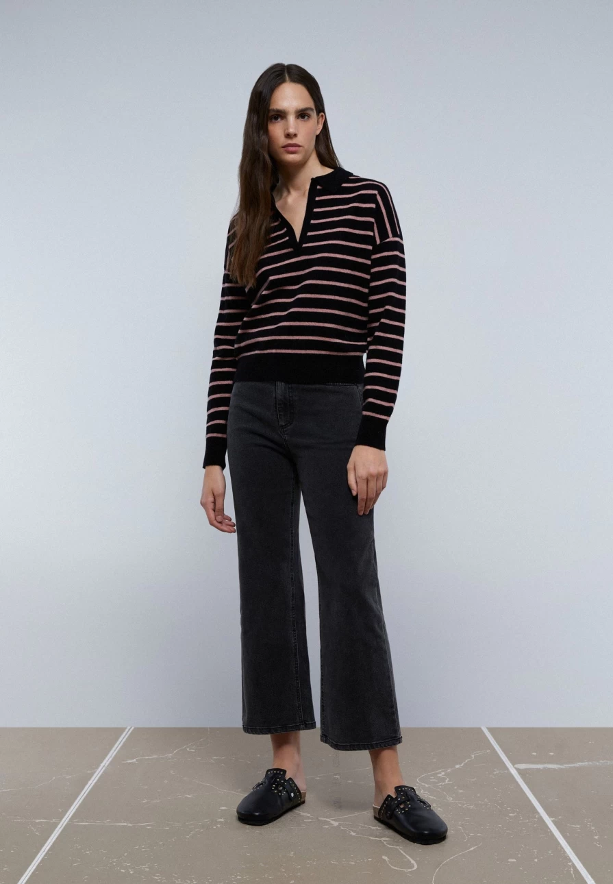 "ScalpersCompany Women's Black Stripes Two-Tone Stripe Polo Sweater"