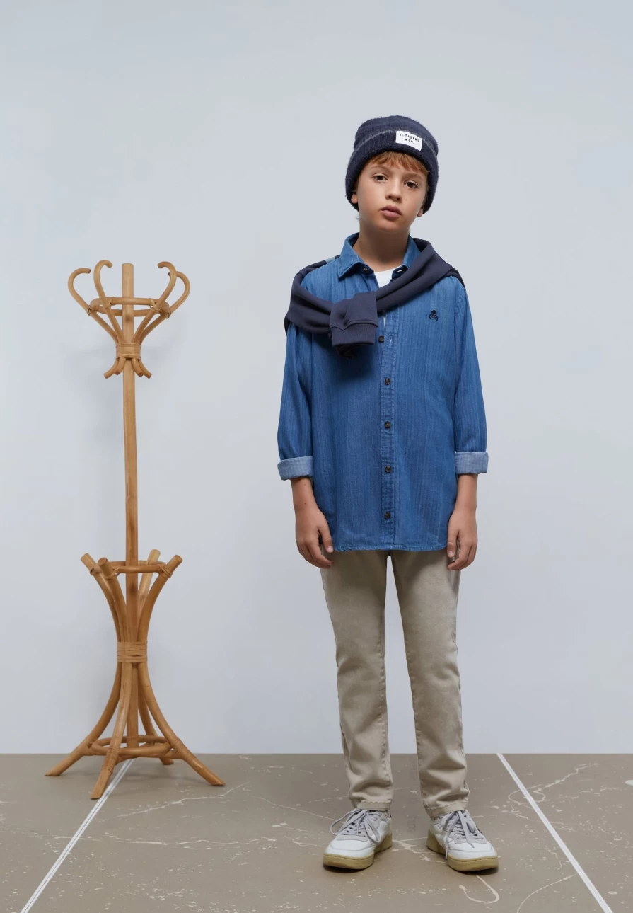 "ScalpersCompany Kids' Contrast Denim Oxford Shirt - Stylish Casual Wear for Children"