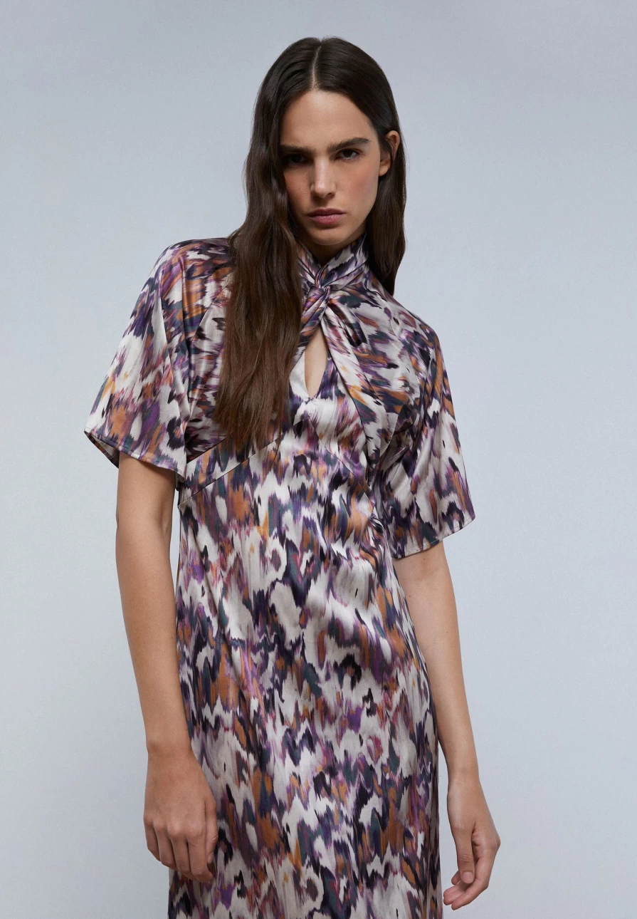 "ScalpersCompany Women's Multicolor Print Dress with Knot Detail Neckline"