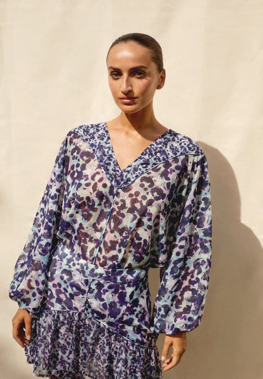 "ScalpersCompany Women's Purple Animal Print Blouse – Stylish Leopard Top"