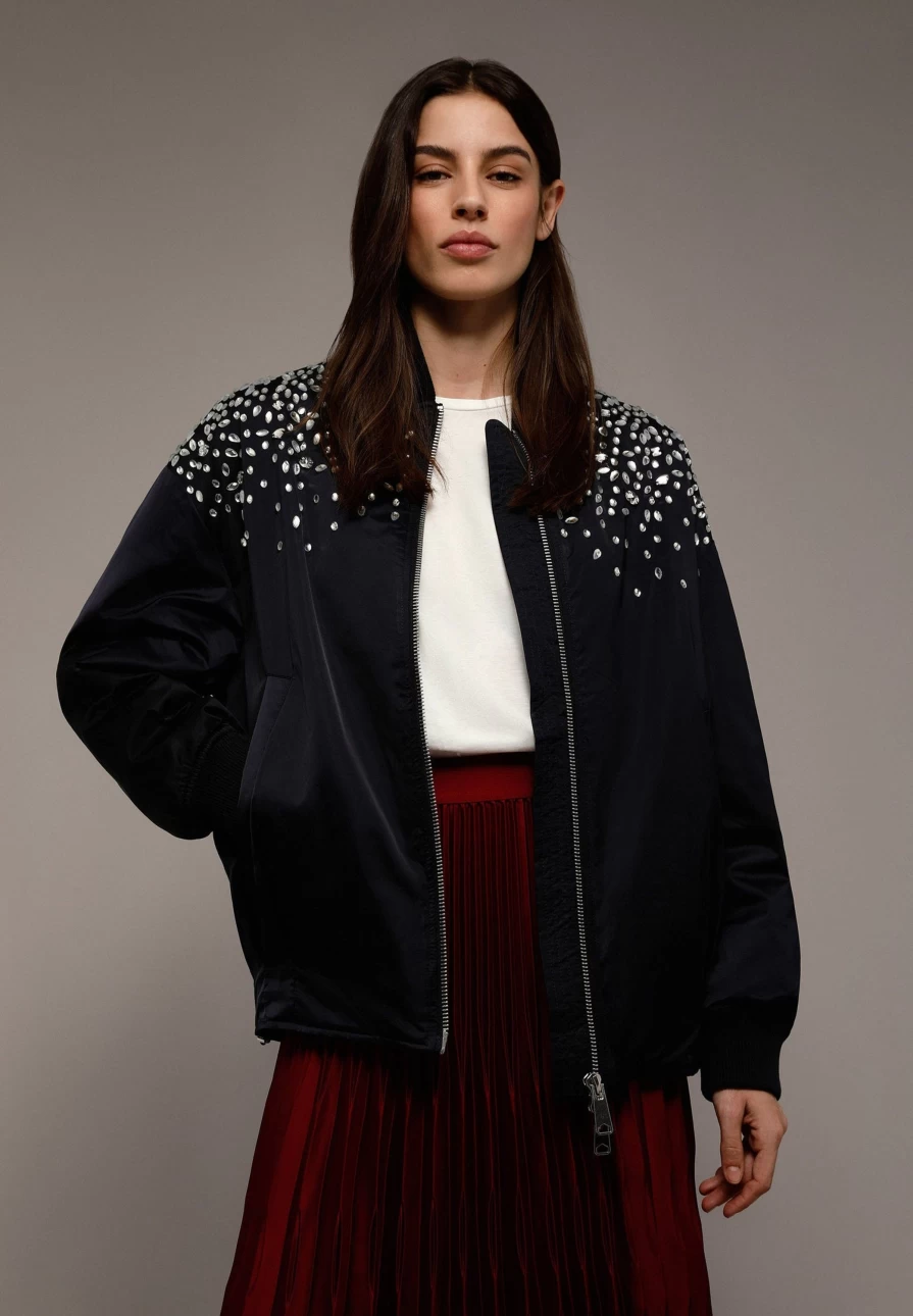 "ScalpersCompany Women's Bomber Jacket with Stylish Glass Embellishments"