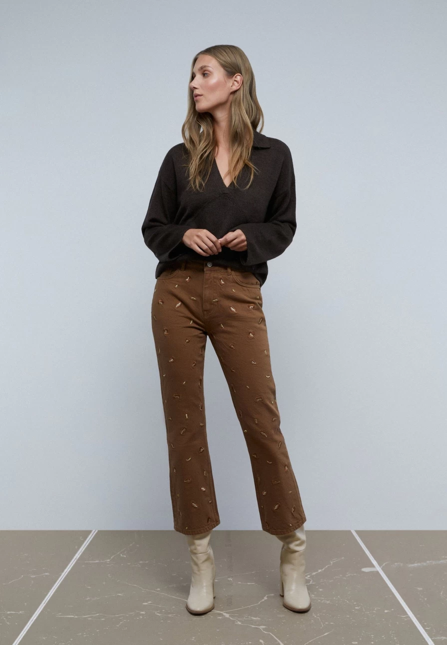 "ScalpersCompany Women's Camel Flared Jeans with Embroidered Details"