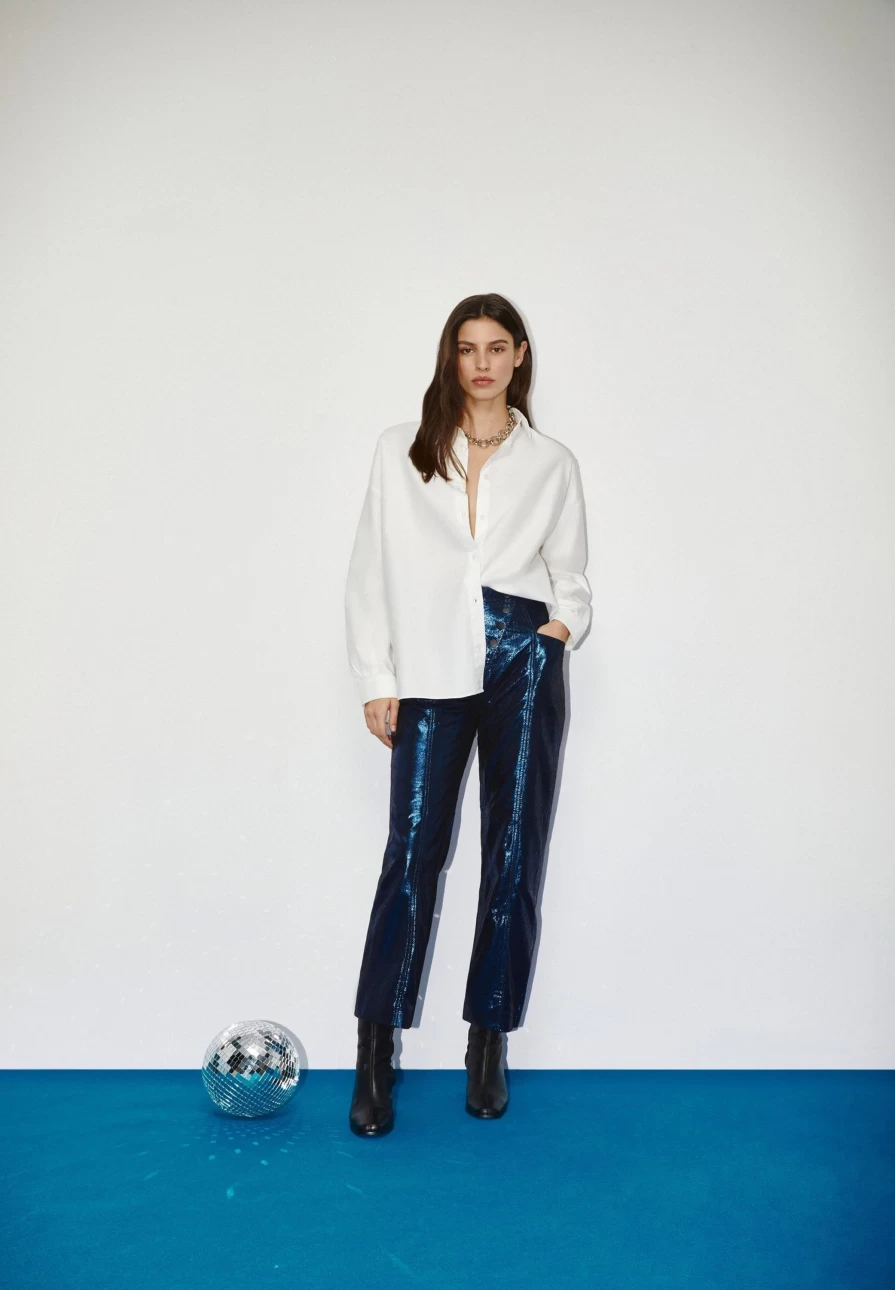 "ScalpersCompany Women's Blue Metallic Flared Trousers - High Waist Wide Leg Pants"