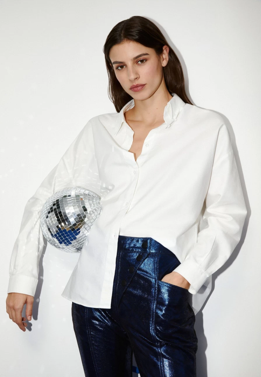 "ScalpersCompany Women's Blue Metallic Flared Trousers - High Waist Wide Leg Pants"