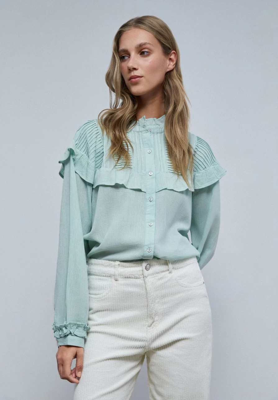 "ScalpersCompany Light Green Gingham Ruffled Yoke Blouse for Women"