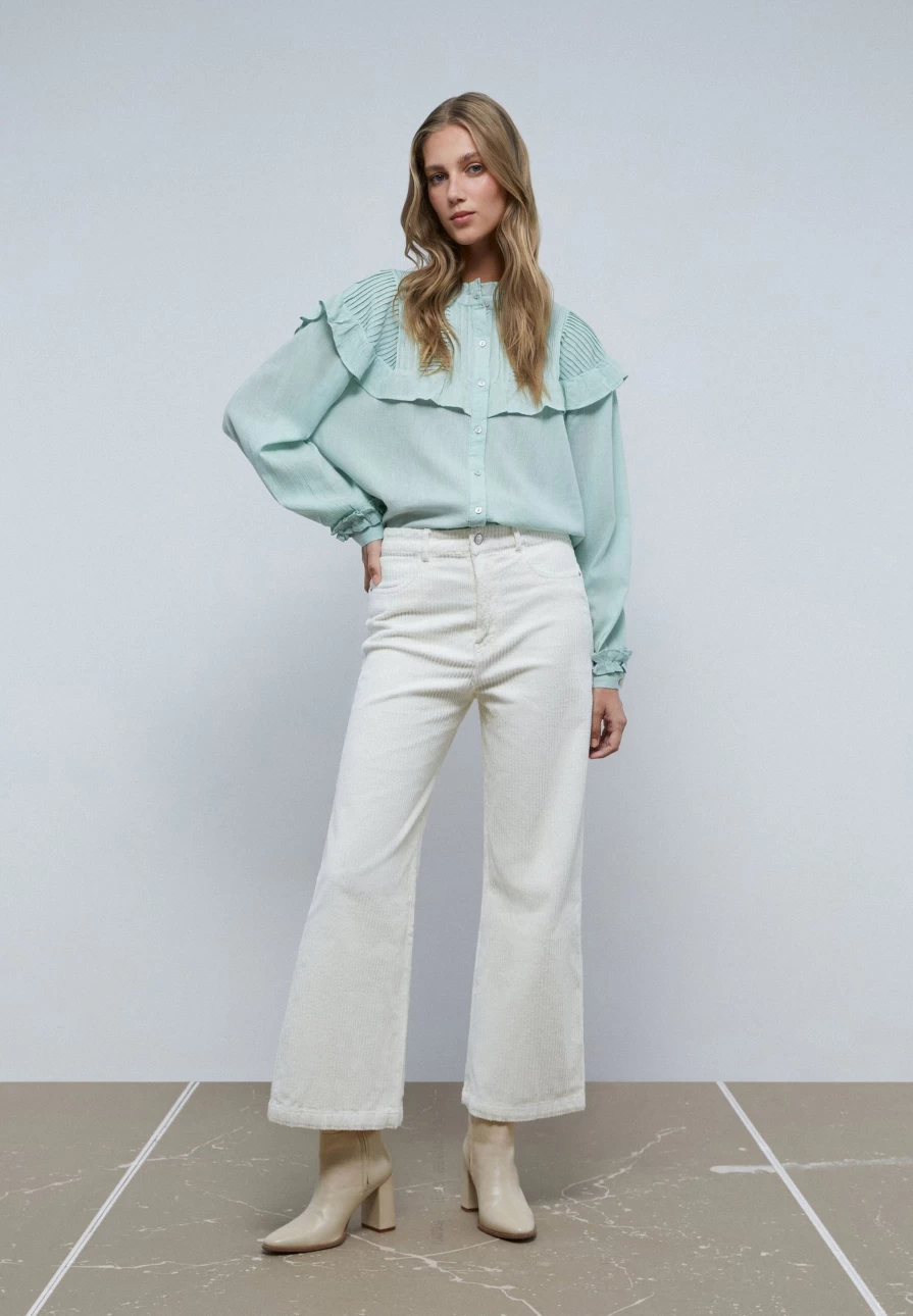 "ScalpersCompany Light Green Gingham Ruffled Yoke Blouse for Women"
