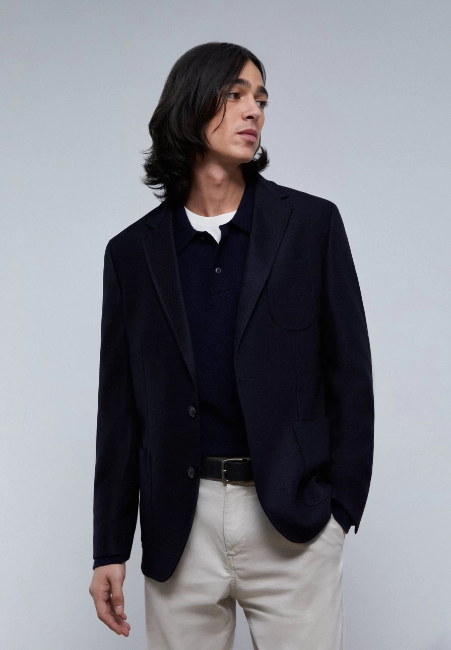 "ScalpersCompany Men's Navy Semi-Structured Wool Blazer for Stylish Formal Wear"
