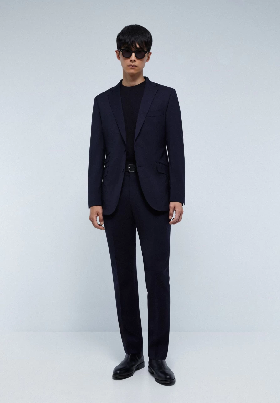 "ScalpersCompany Men's Dark Blue Textured Suit with Functional Pockets"