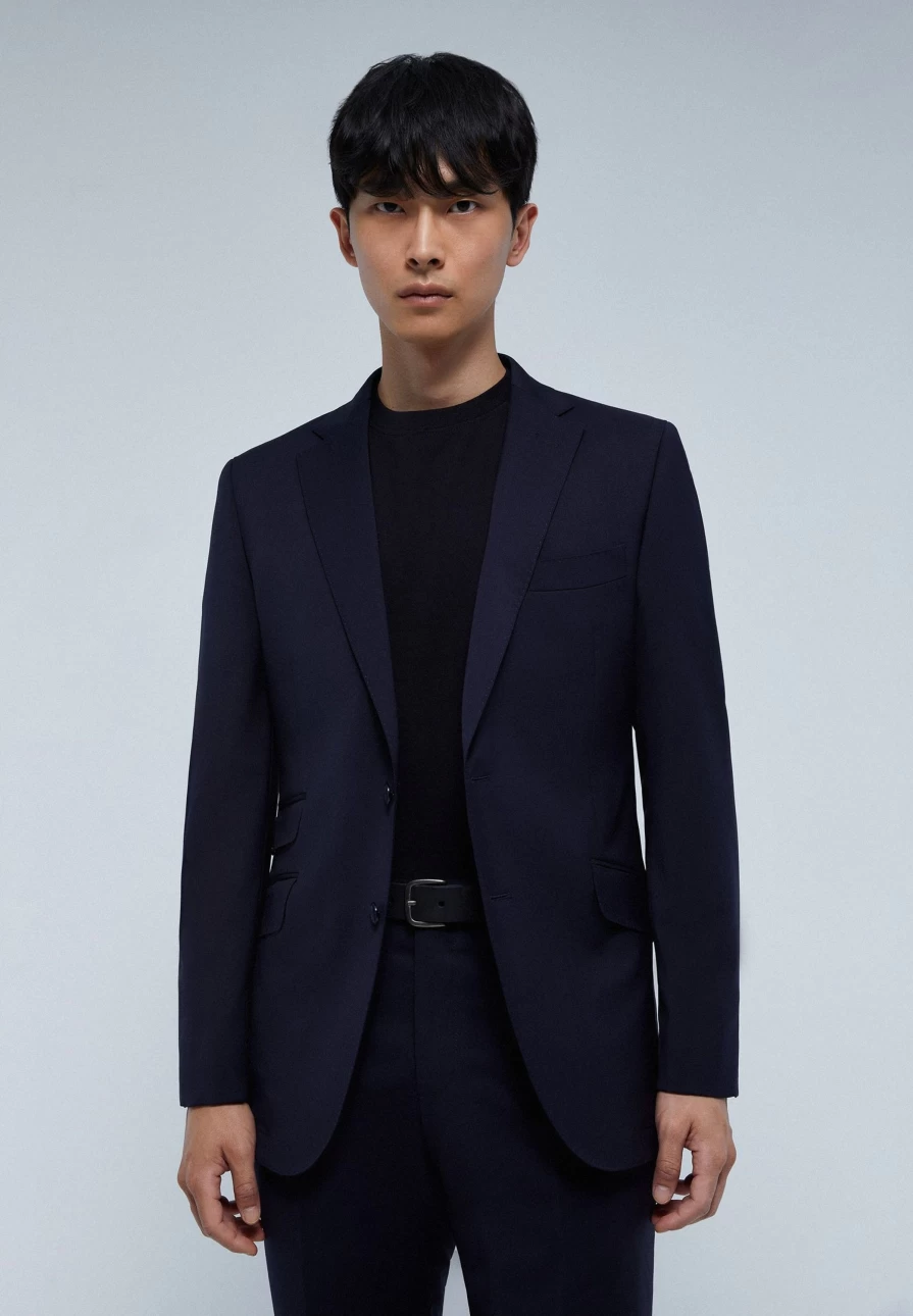 "ScalpersCompany Men's Dark Blue Textured Suit with Functional Pockets"