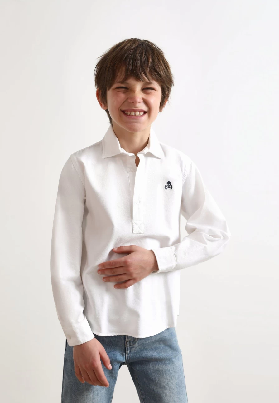 "ScalpersCompany Kids White Polo Neck Shirt with Bold Skull Print"