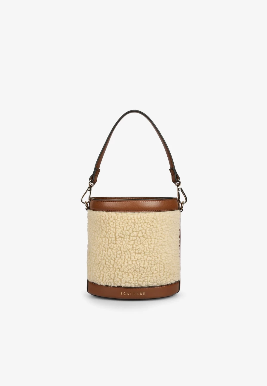 "ScalpersCompany Women's Ecru Shearling Bucket Bag – Stylish & Cozy Handbag"