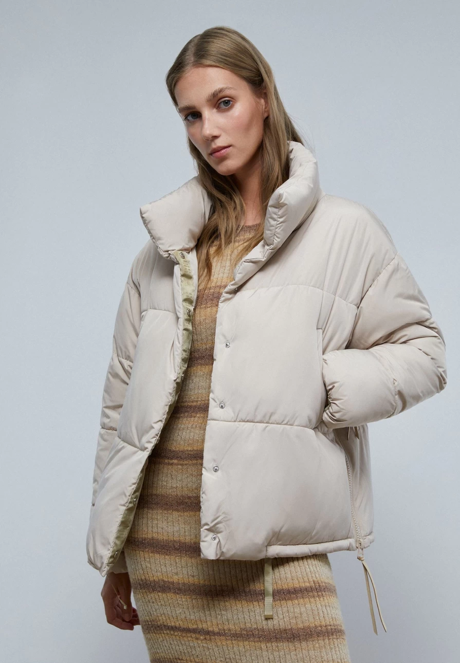 "ScalpersCompany Women's Ecru High Collar Puffer Coat – Warm Winter Jacket"