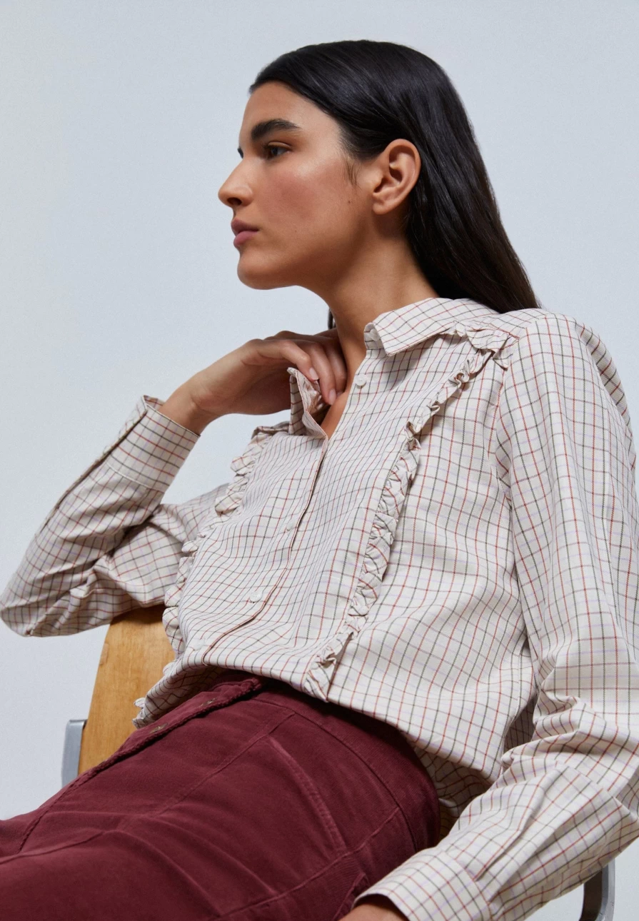 "ScalpersCompany Women's Stylish Ruffled Check Shirt - Trendy Plaid Blouse for Women"