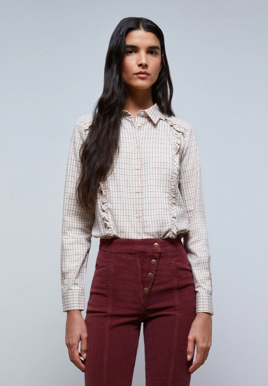 "ScalpersCompany Women's Stylish Ruffled Check Shirt - Trendy Plaid Blouse for Women"