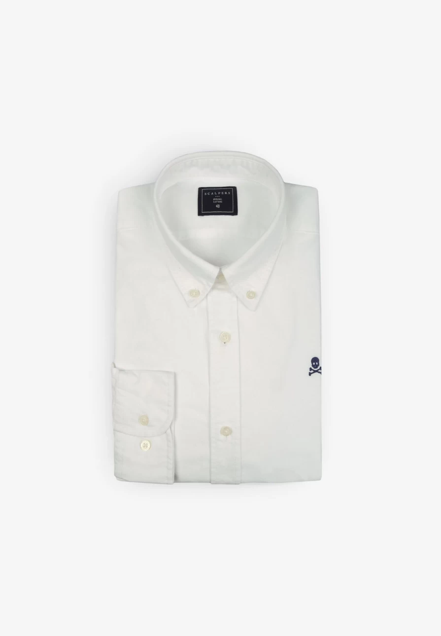 "ScalpersCompany Men's White Oxford Shirt with Bold Contrast Skull Print"