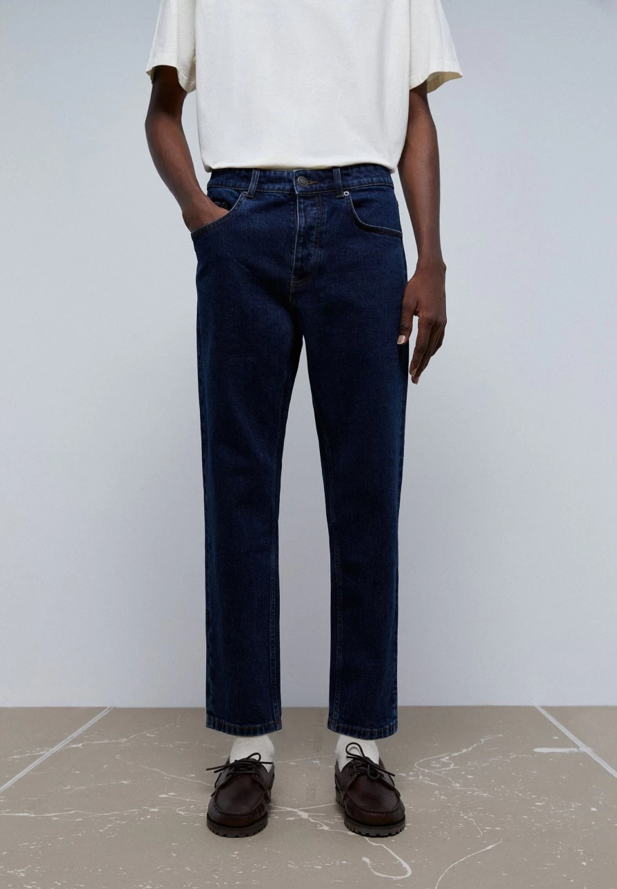"Scalperscompany Men's Dark Blue Cropped Jeans | Slim Fit Denim Pants for Men"