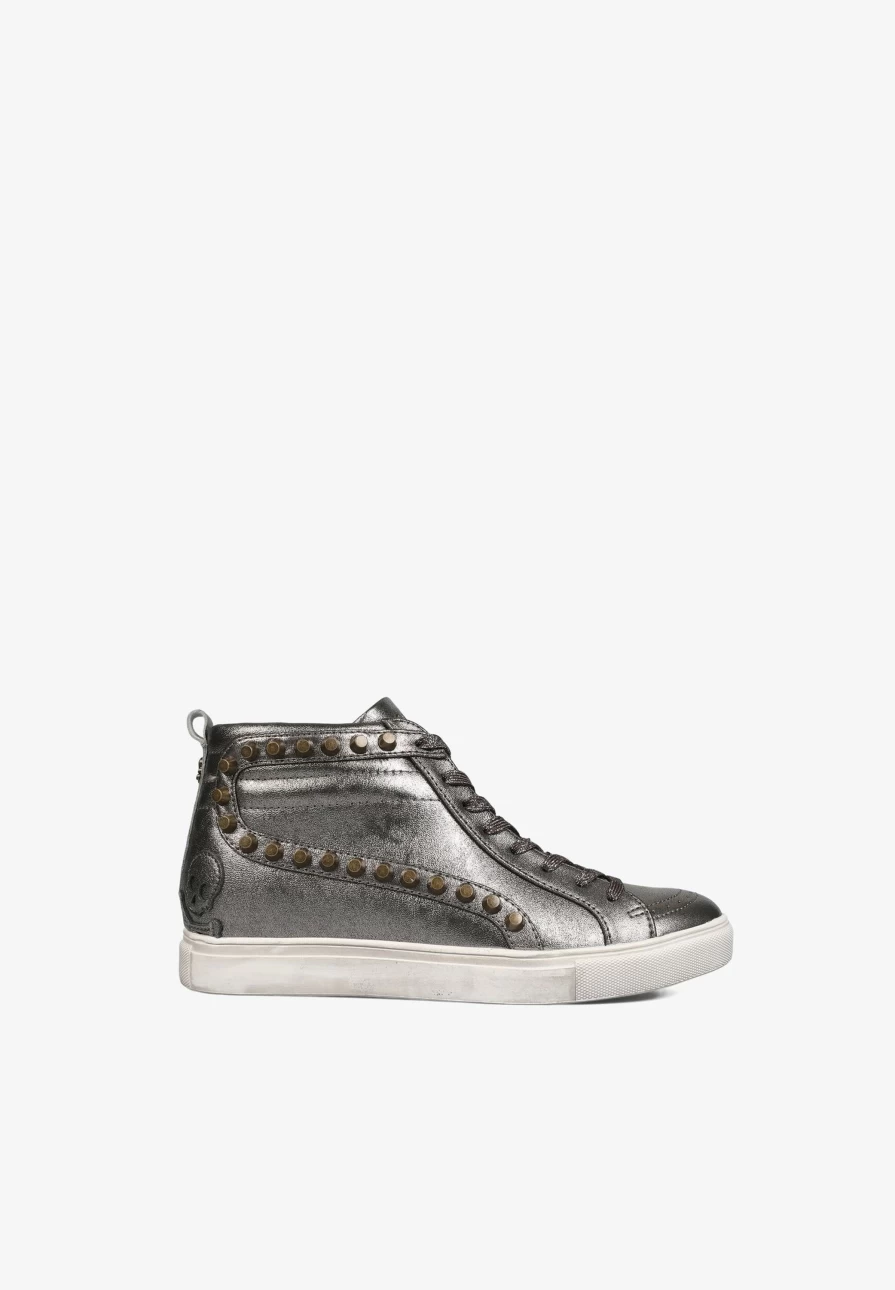 "ScalpersCompany Women's High Top Metallic Studded Sneakers - Edgy Fashion Streetwear Shoes"