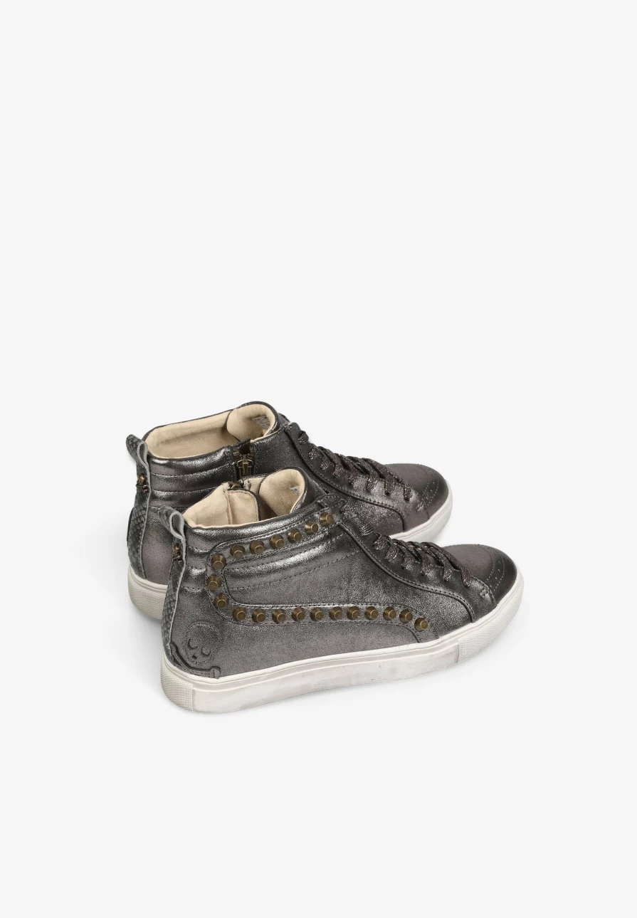 "ScalpersCompany Women's High Top Metallic Studded Sneakers - Edgy Fashion Streetwear Shoes"