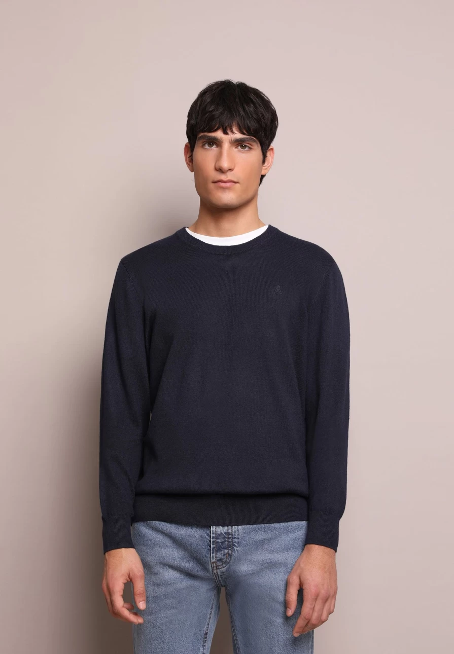 "ScalpersCompany Men's Navy Melange Skull Print Round Neck Sweater"