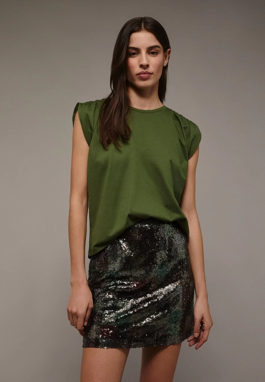 "ScalpersCompany Women's Khaki T-Shirt with Gathered Shoulder Detail"