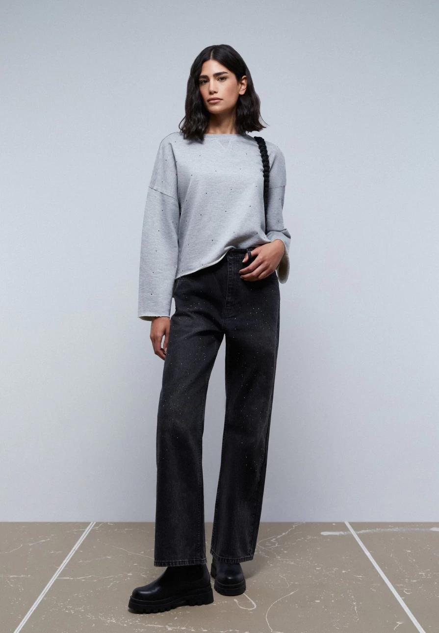 "ScalpersCompany Grey Melange Women's Sweatshirt with Glass Detail - Stylish Casual Pullover"
