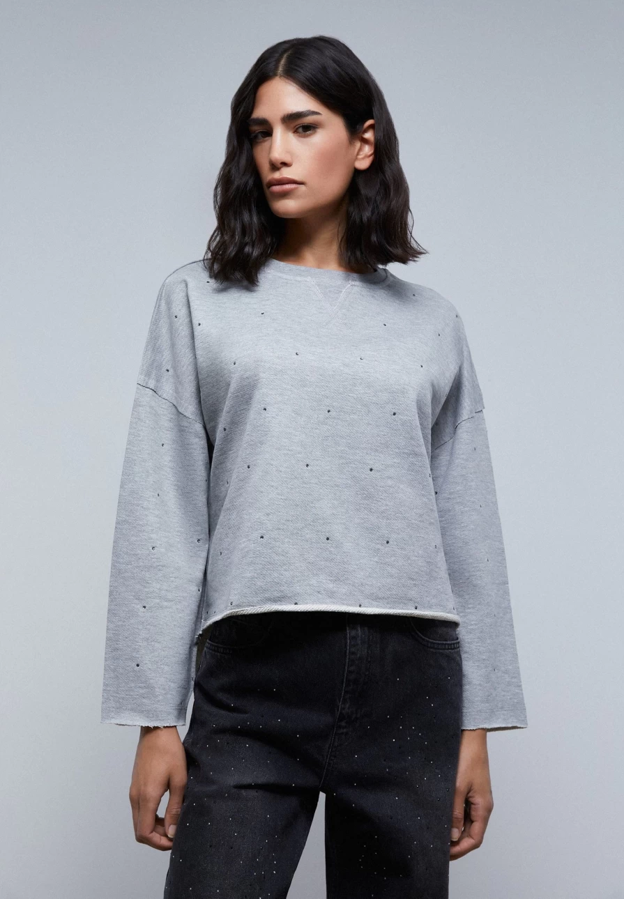 "ScalpersCompany Grey Melange Women's Sweatshirt with Glass Detail - Stylish Casual Pullover"