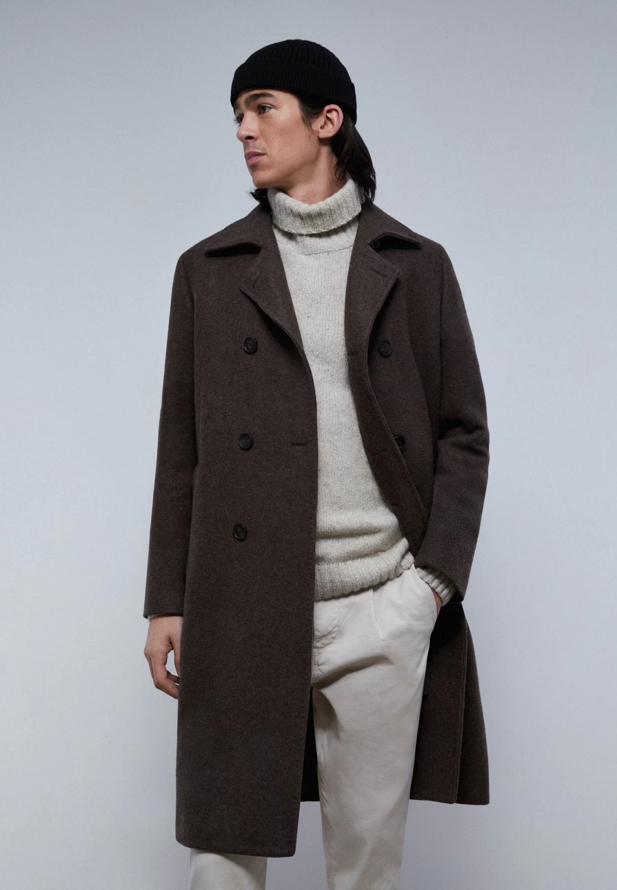 "ScalpersCompany Men's Brown Double-Breasted Wool Coat | Premium Winter Overcoat"