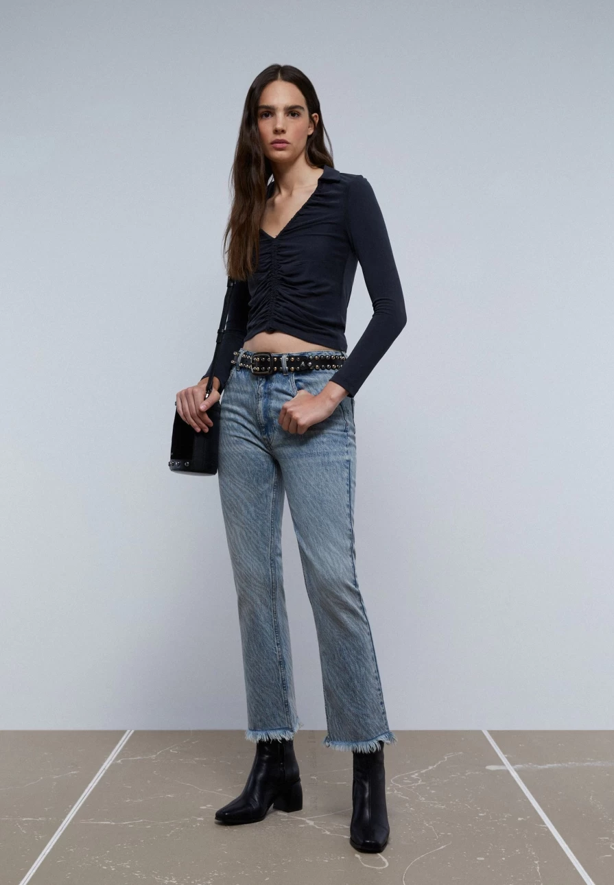 "ScalpersCompany Women's Light Indigo Animal Print Flared Ankle Jeans"