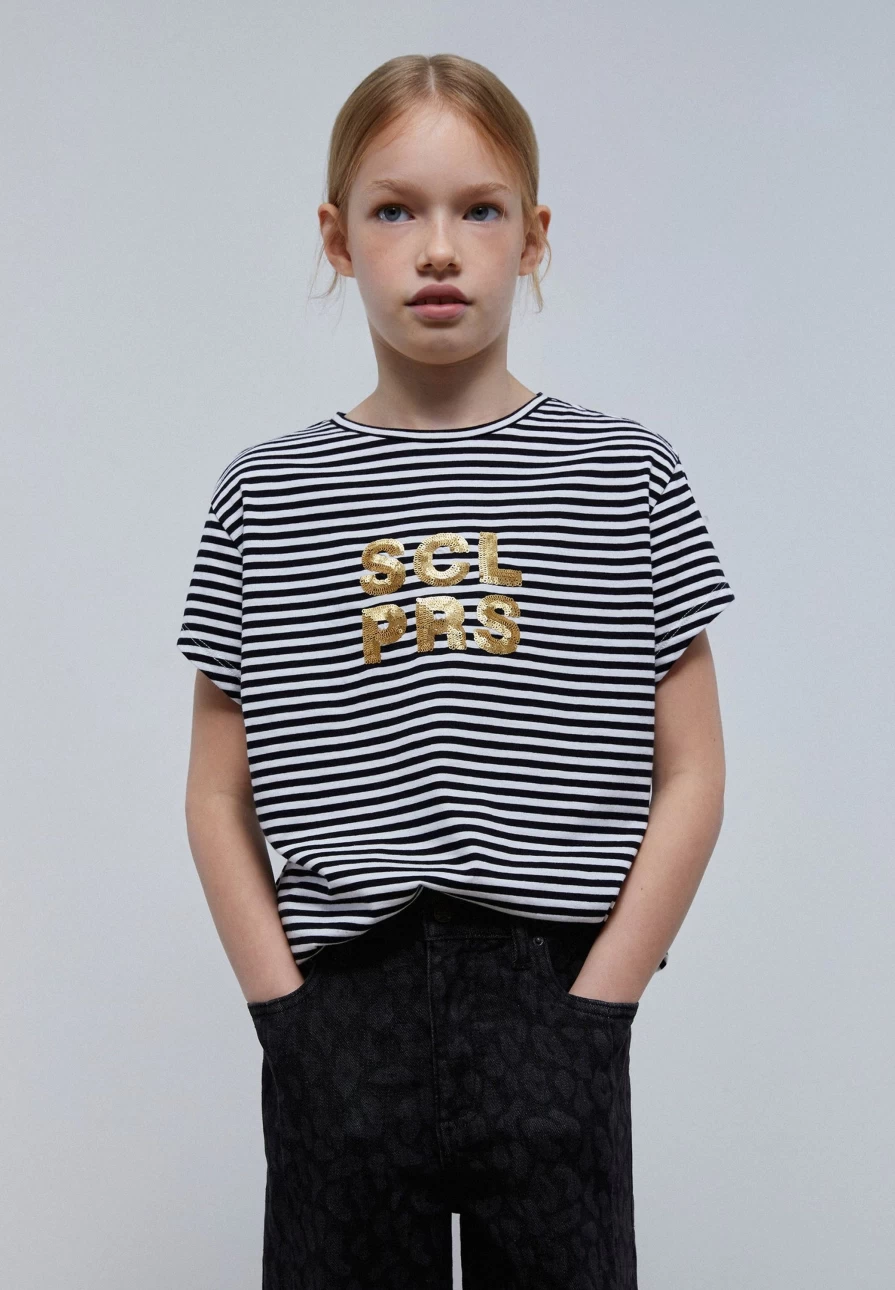 "ScalpersCompany Kids Striped Sequin Logo T-Shirt | Fun & Stylish Tee for Children"