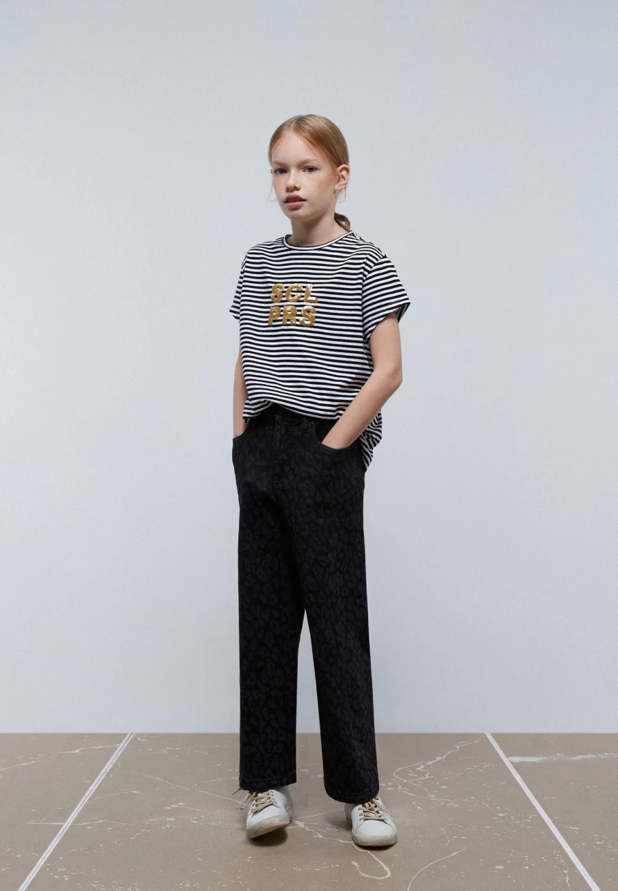 "ScalpersCompany Kids Striped Sequin Logo T-Shirt | Fun & Stylish Tee for Children"