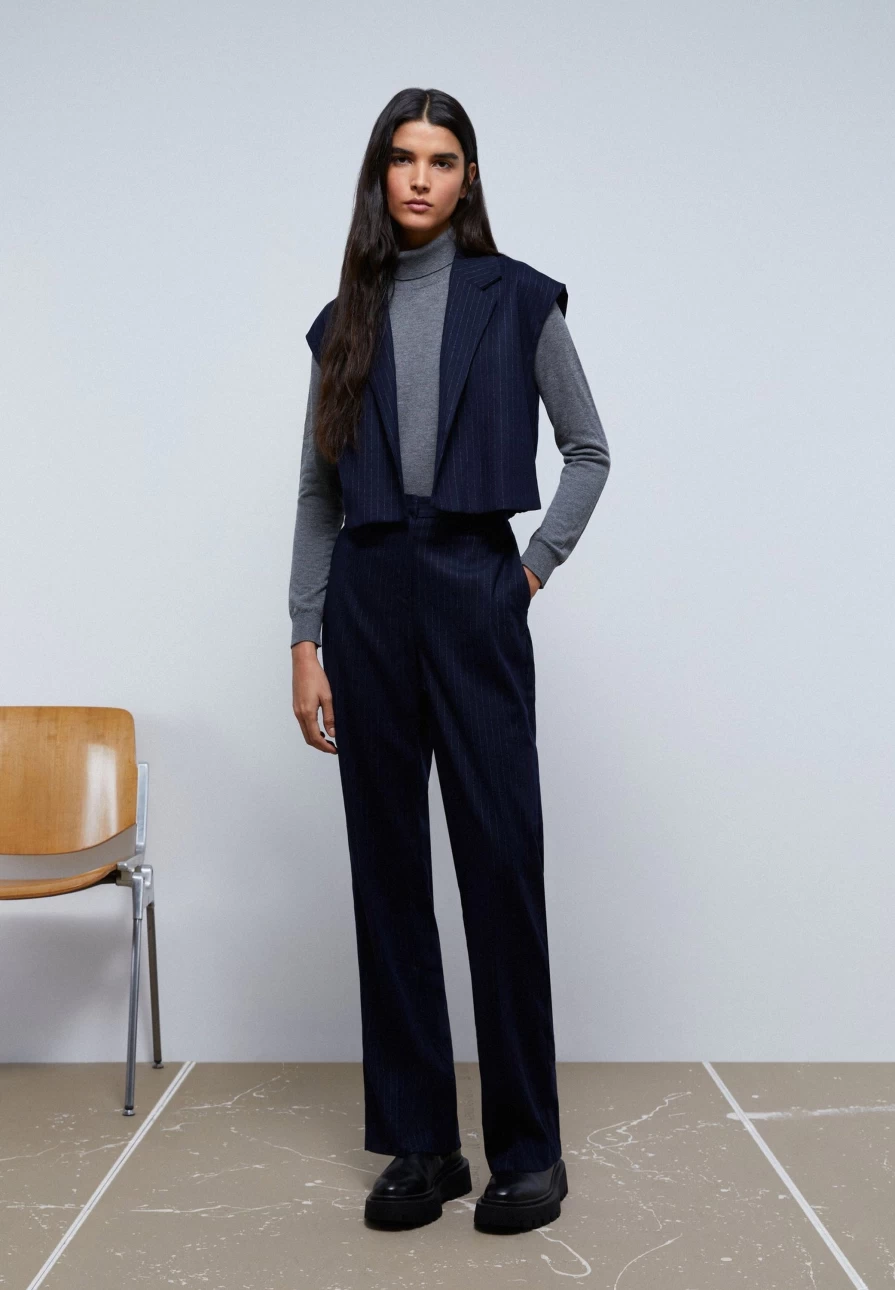 "ScalpersCompany Women's Navy Straight Pinstripe Trousers | Classic Fit Formal Pants"