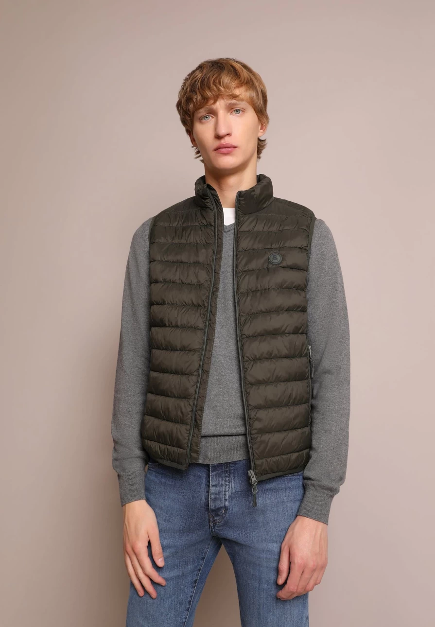 "ScalpersCompany Men's Khaki Skull Print Puffer Vest - Warm Quilted Jacket"