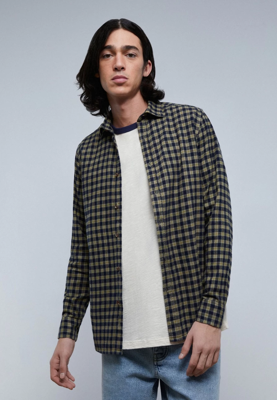 "ScalpersCompany Men's Khaki Check Tartan Button-Down Collar Shirt"