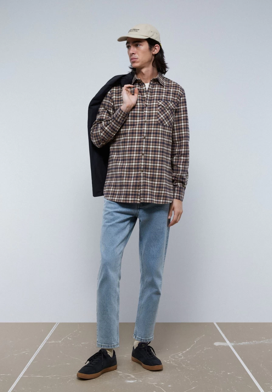 "ScalpersCompany Men's Cream Check Shirt with Pockets - Stylish Casual Plaid Shirt for Men"