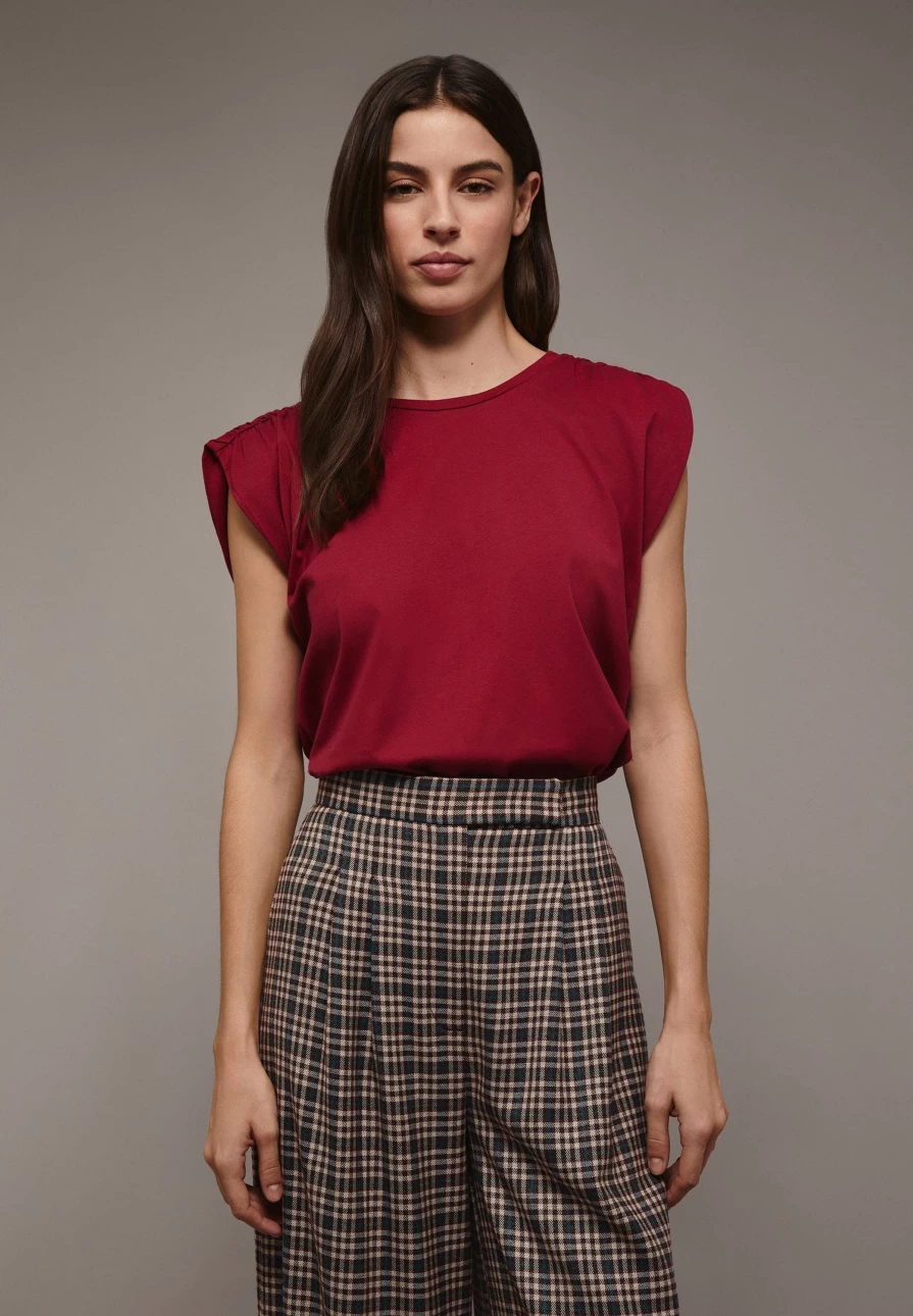 "ScalpersCompany Women's Burgundy T-Shirt with Gathered Shoulder Detail Stylish Casual Top"