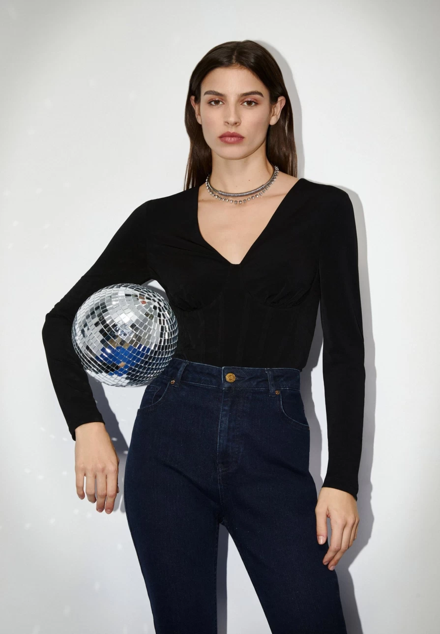 "ScalpersCompany Black Corset Detail T-Shirt for Women - Stylish Women's Fashion Top"