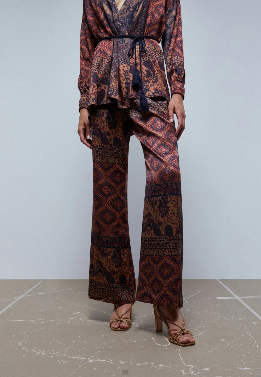 "ScalpersCompany Women's Brown Flowing Paisley Print Trousers"