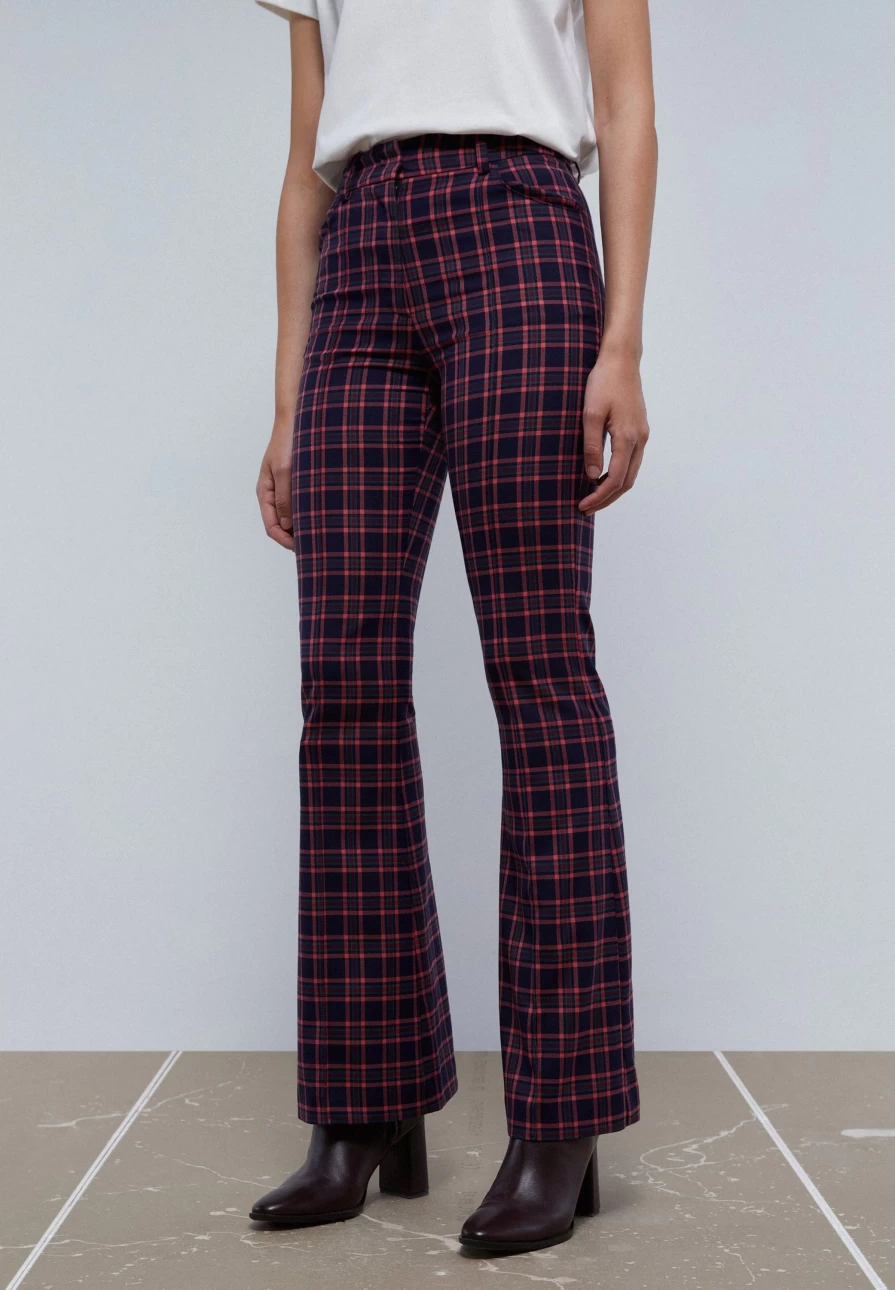 "ScalpersCompany Women's Flared Check Trousers - Stylish High-Waisted Vintage Plaid Pants"