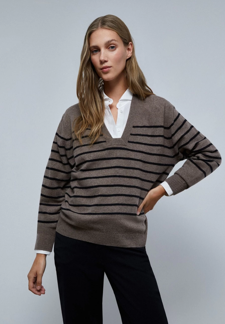 "ScalpersCompany Women's Striped Sweater with Stylish Neckline Detail"
