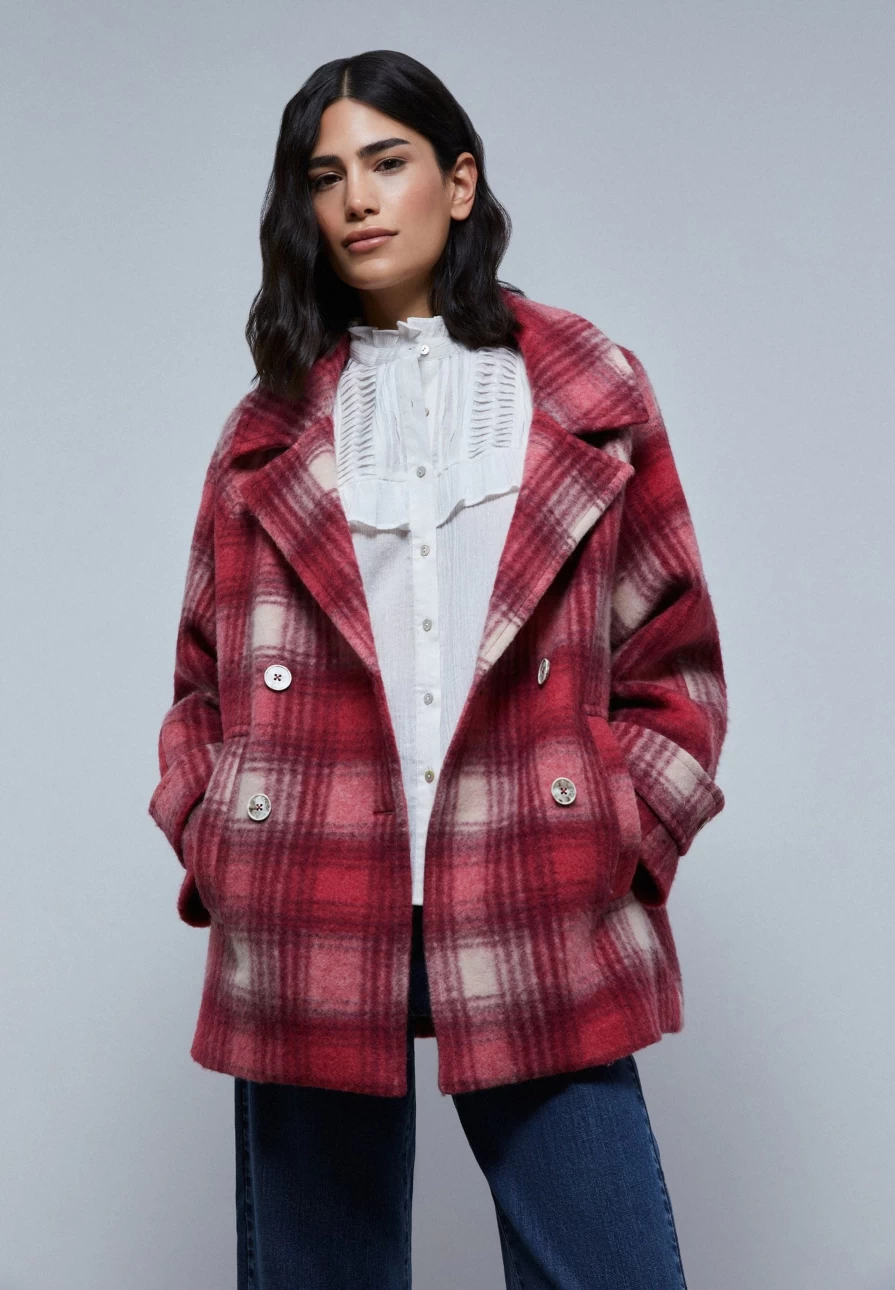 "ScalpersCompany Pink Check Cropped Coat for Women - Stylish Checkered Jacket"
