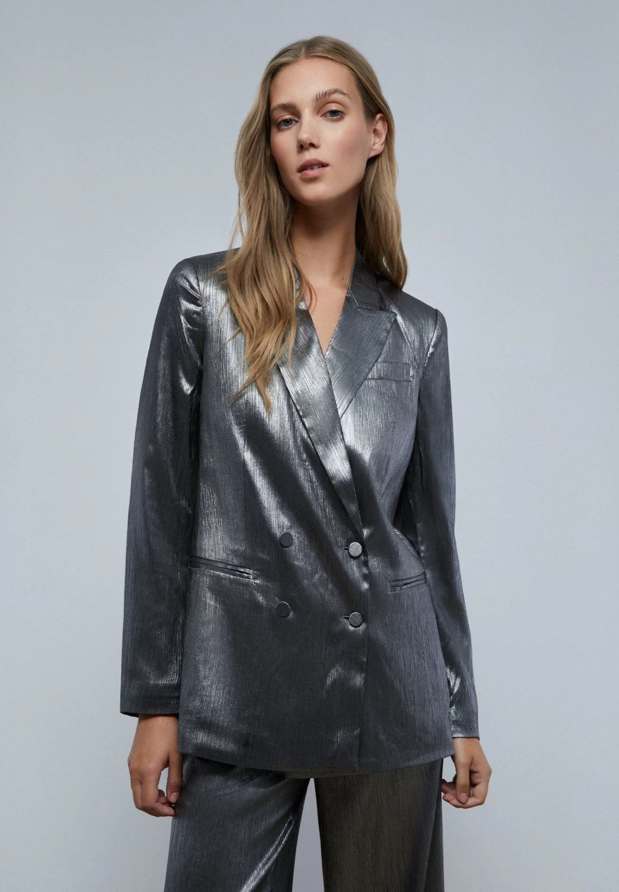 "ScalpersCompany Women's Silver Double-Breasted Satin Blazer for Elegant Formal Wear"