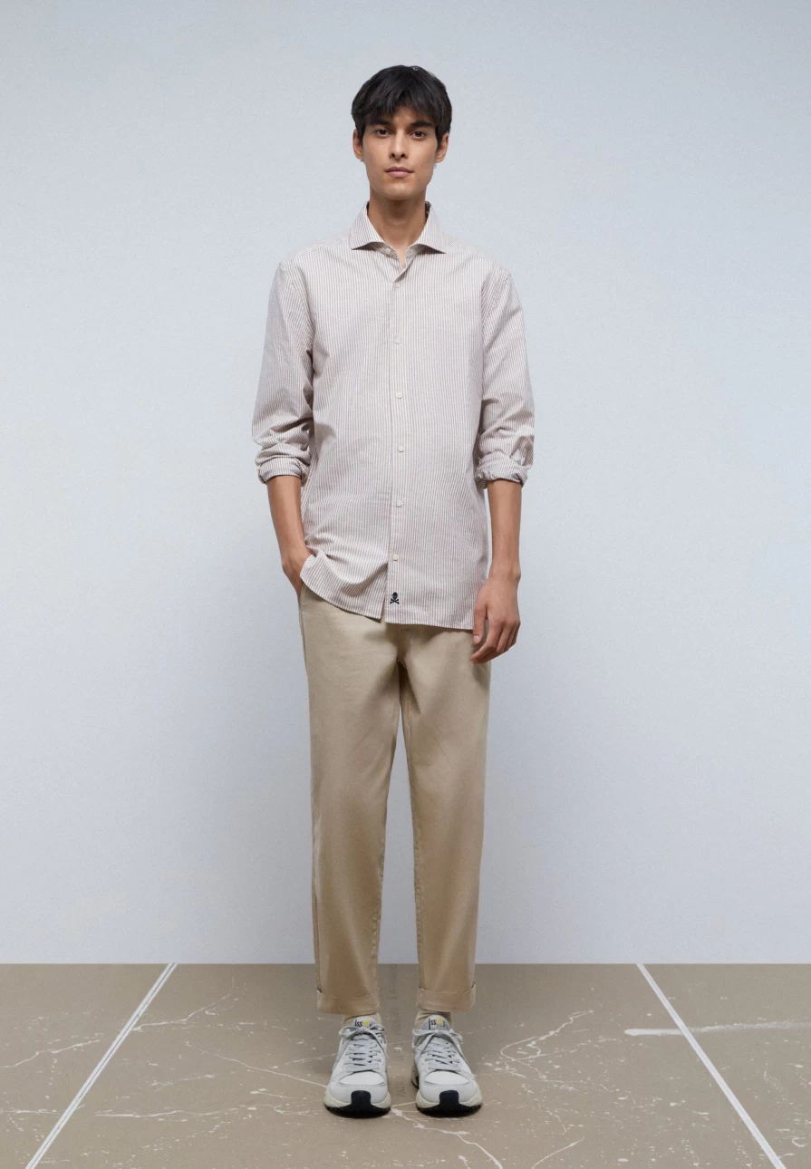 "ScalpersCompany Men's Striped Skull Print Button-Up Shirt with Placket"