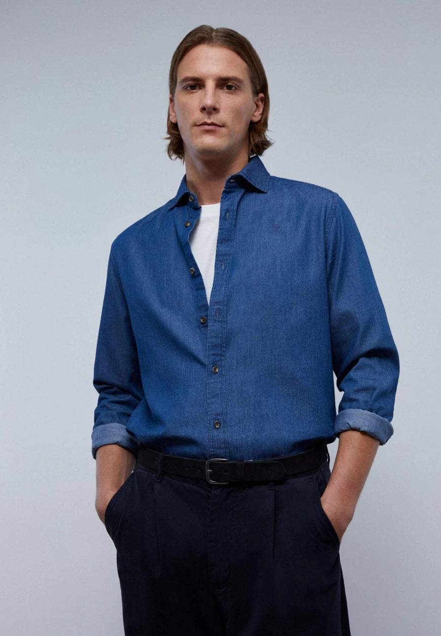 "ScalpersCompany Men's Denim Shirt with Skull Print - Stylish Gothic Streetwear Top"