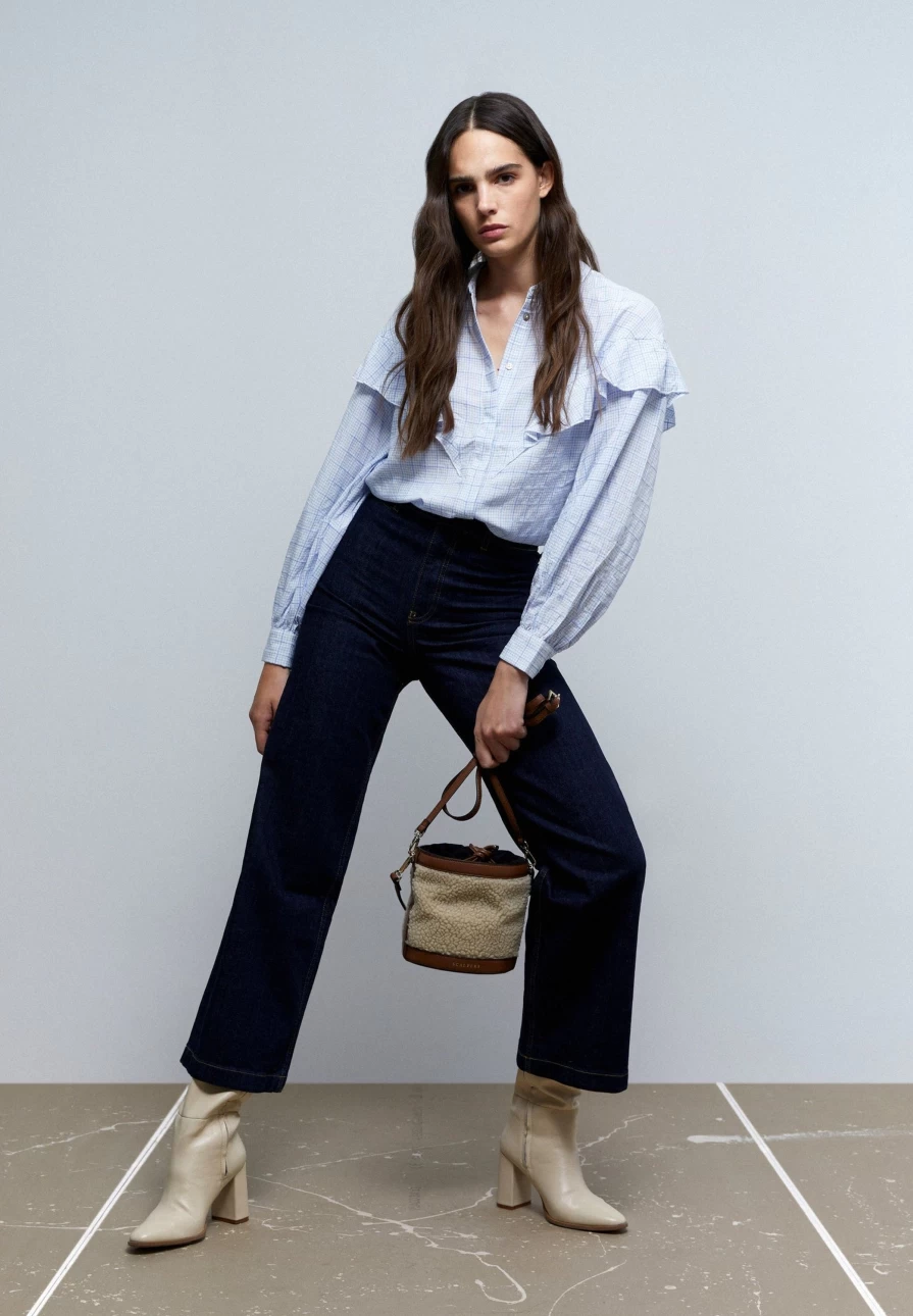 "ScalpersCompany Women's Blue Check Frill Yoke Shirt - Stylish Casual Top"
