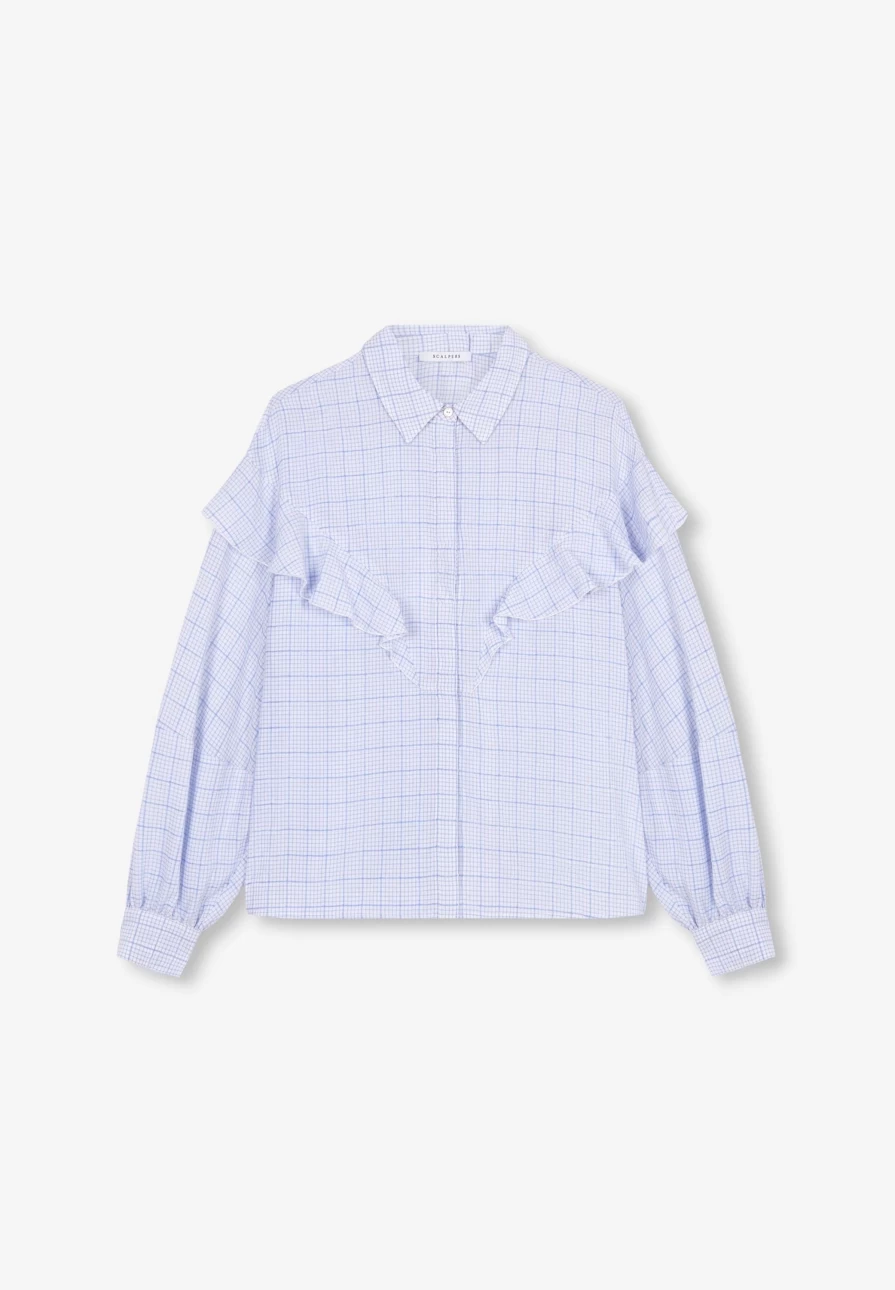 "ScalpersCompany Women's Blue Check Frill Yoke Shirt - Stylish Casual Top"
