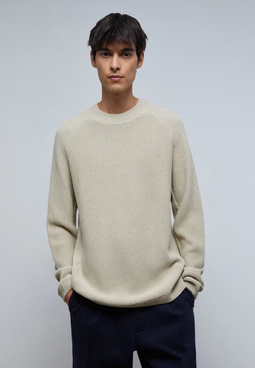 "ScalpersCompany Men's Beige Textured Knit Sweater - Premium Comfort & Style"
