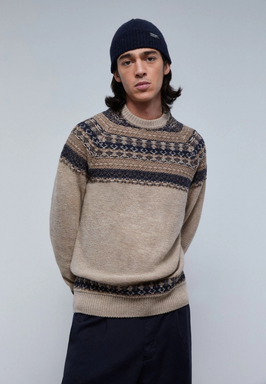 "ScalpersCompany Men's Taupe Jacquard Knit Sweater - Premium Textured Design"
