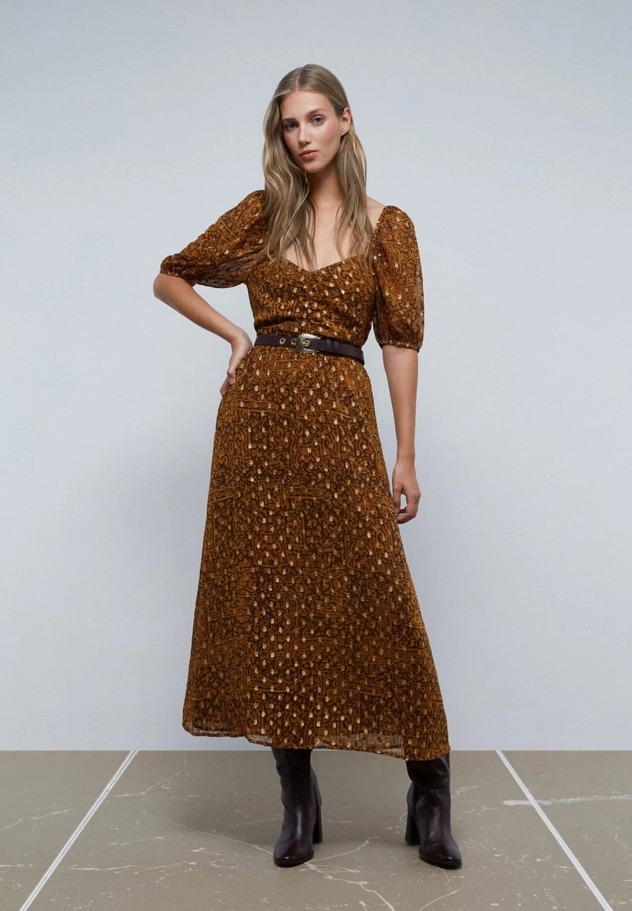 "ScalpersCompany Women's Mustard Midi Dress with Shirred Chest Detail"